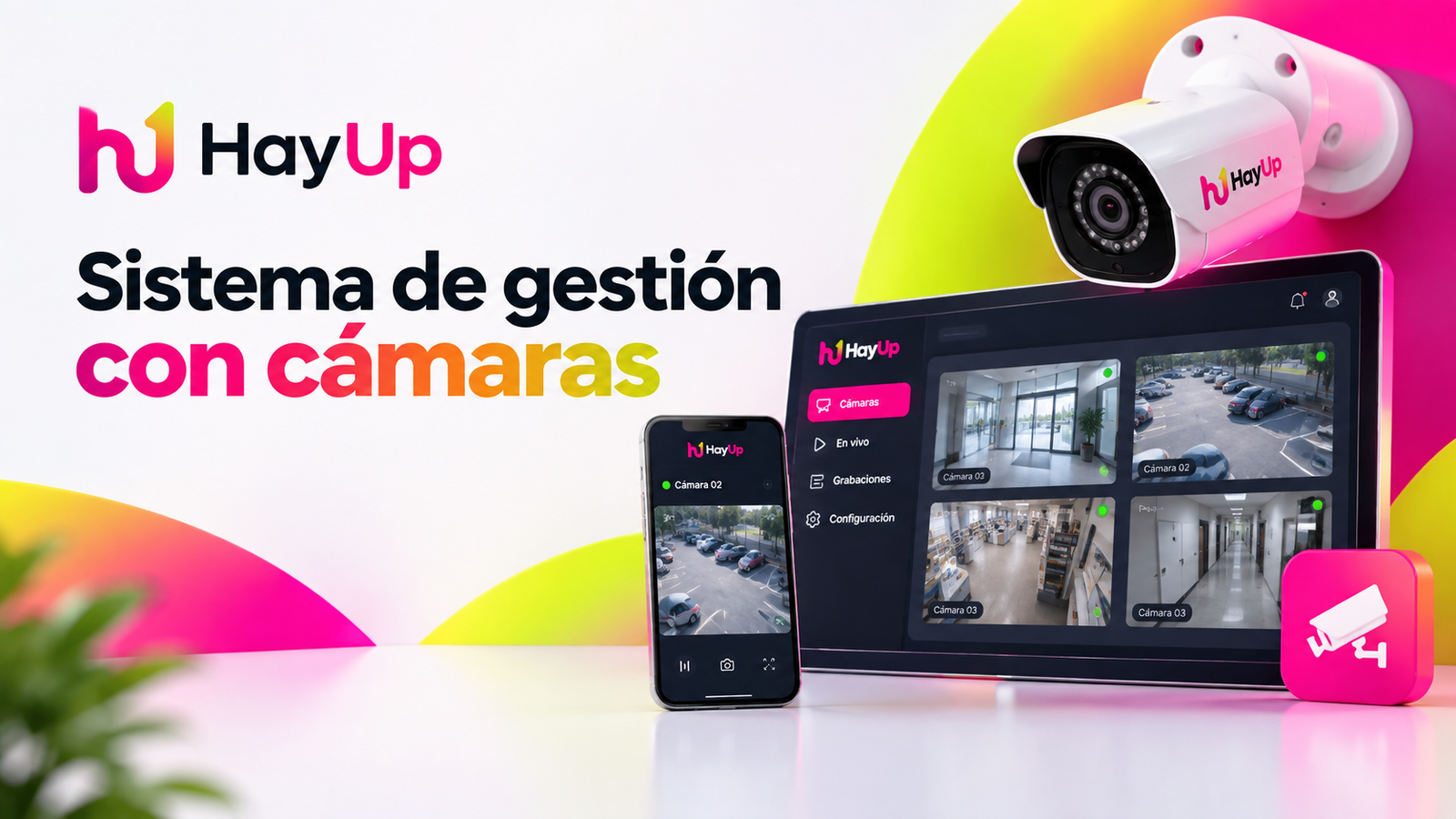 Sistema de gestión con cámaras: monitoreo en vivo y grabaciones desde panel y celular.